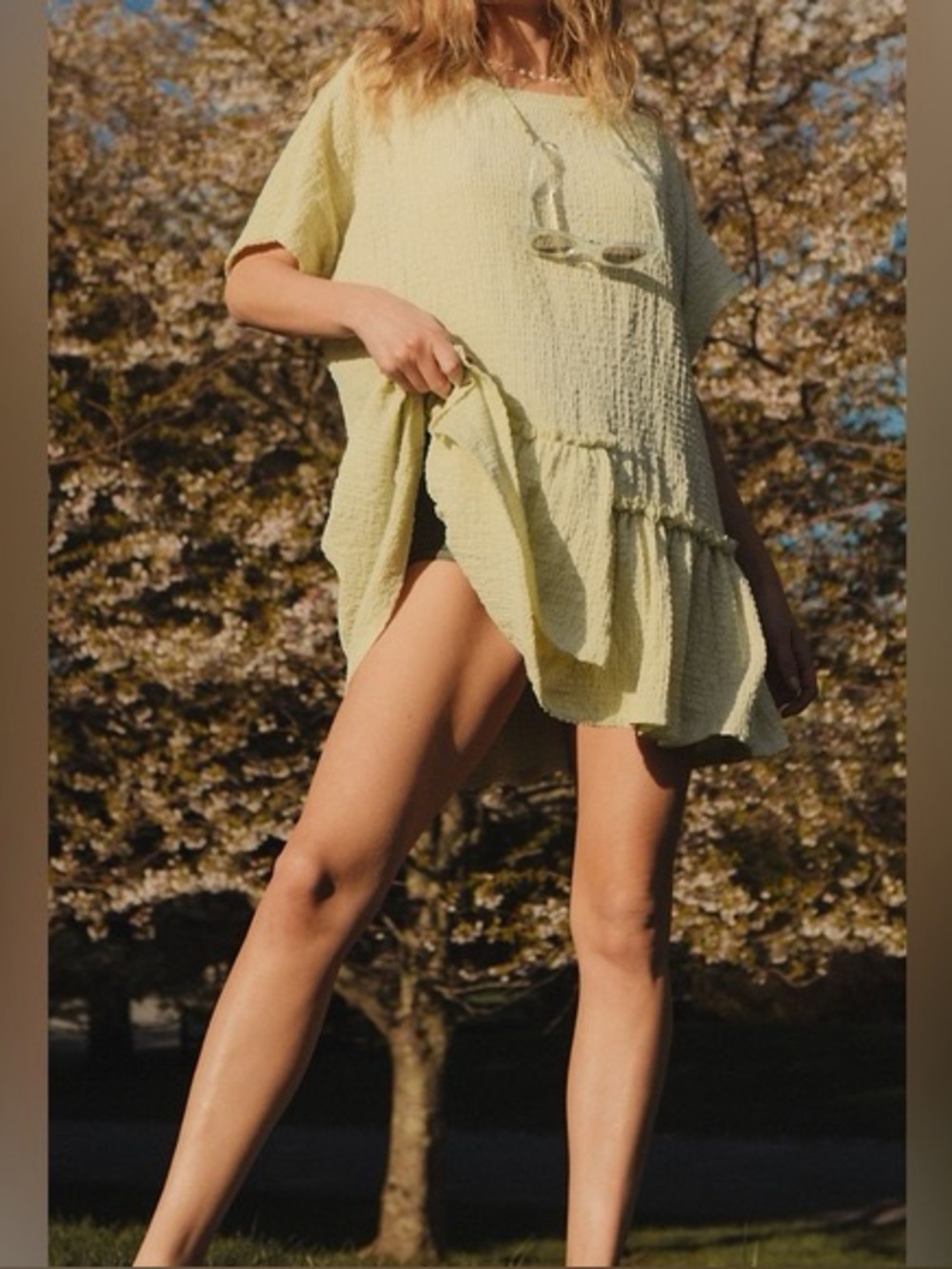 Free People Beach Marni Oversized Ruffle Tiered Tunic Yellow Green